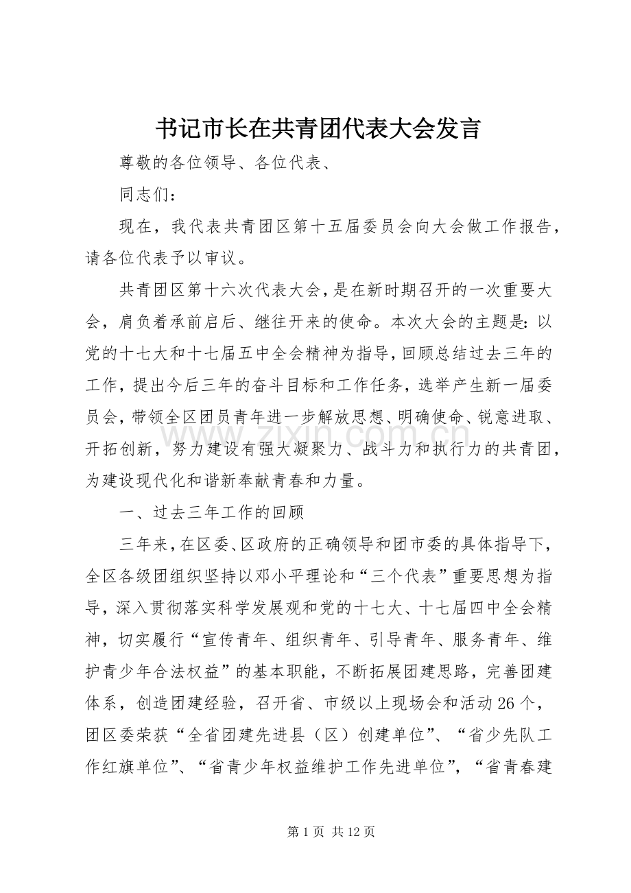 书记市长在共青团代表大会发言.docx_第1页