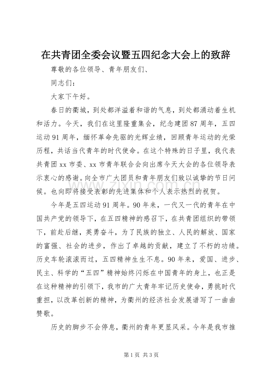 在共青团全委会议暨五四纪念大会上的致辞.docx_第1页