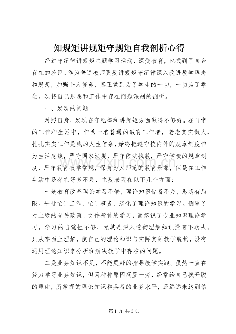 知规矩讲规矩守规矩自我剖析心得.docx_第1页