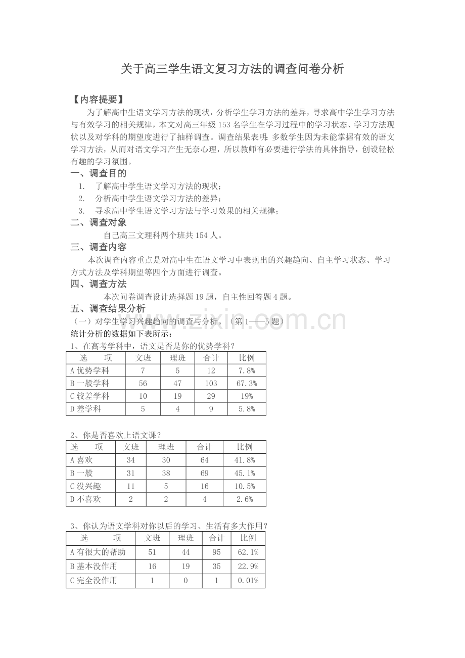 关于高三学生语文复习方法的调查问卷分析.doc_第1页