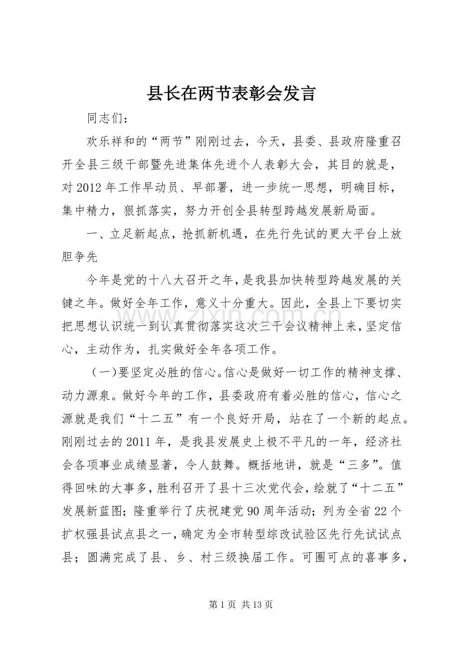 县长在两节表彰会发言.docx_第1页