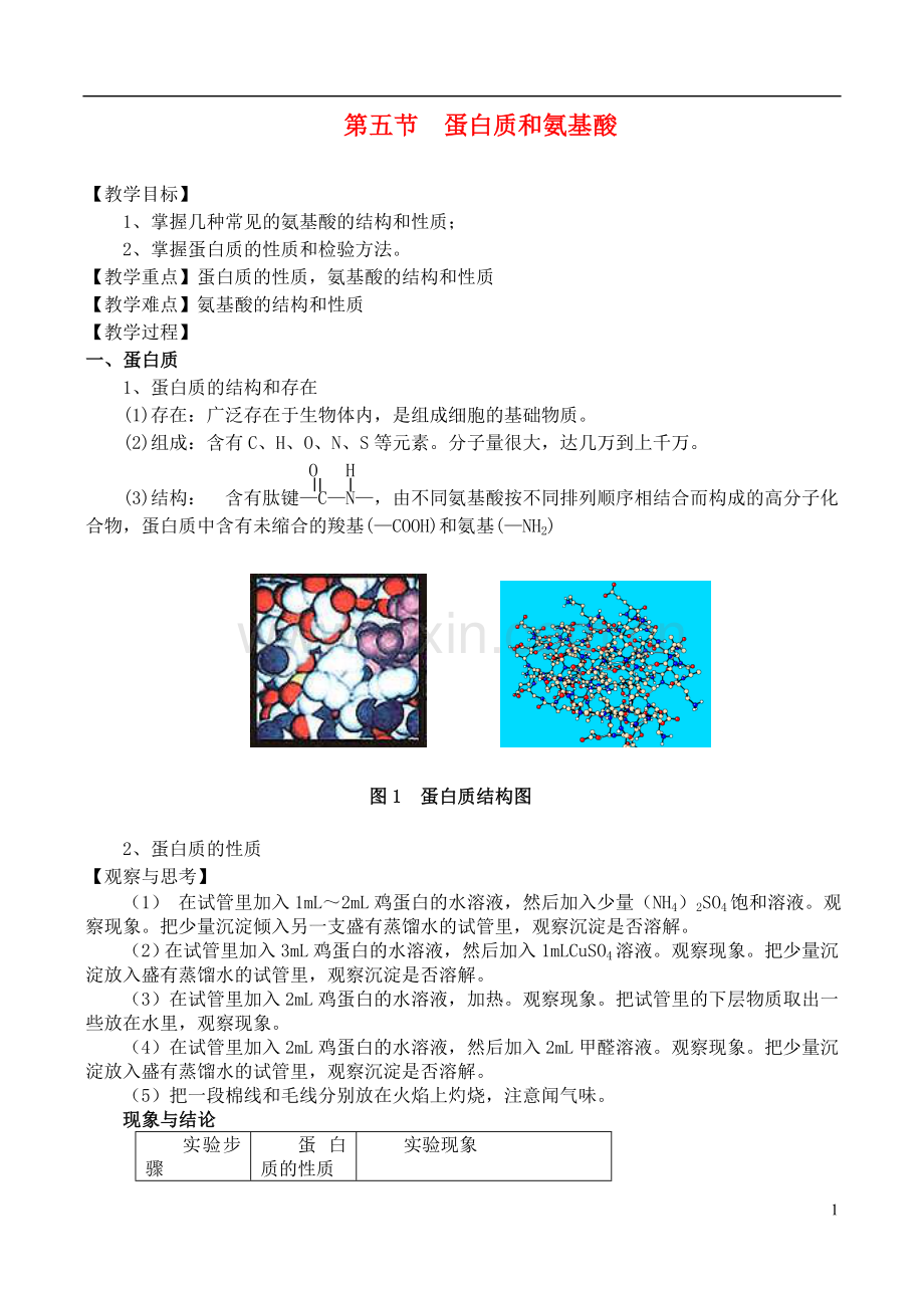 高中化学-第五节-蛋白质和氨基酸教案-苏教版必修2.doc_第1页