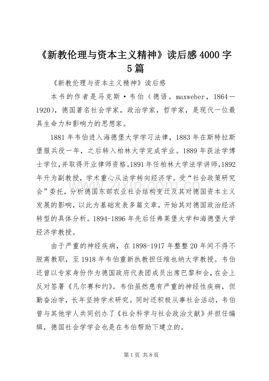 《新教伦理与资本主义精神》读后感4000字5篇.docx_第1页