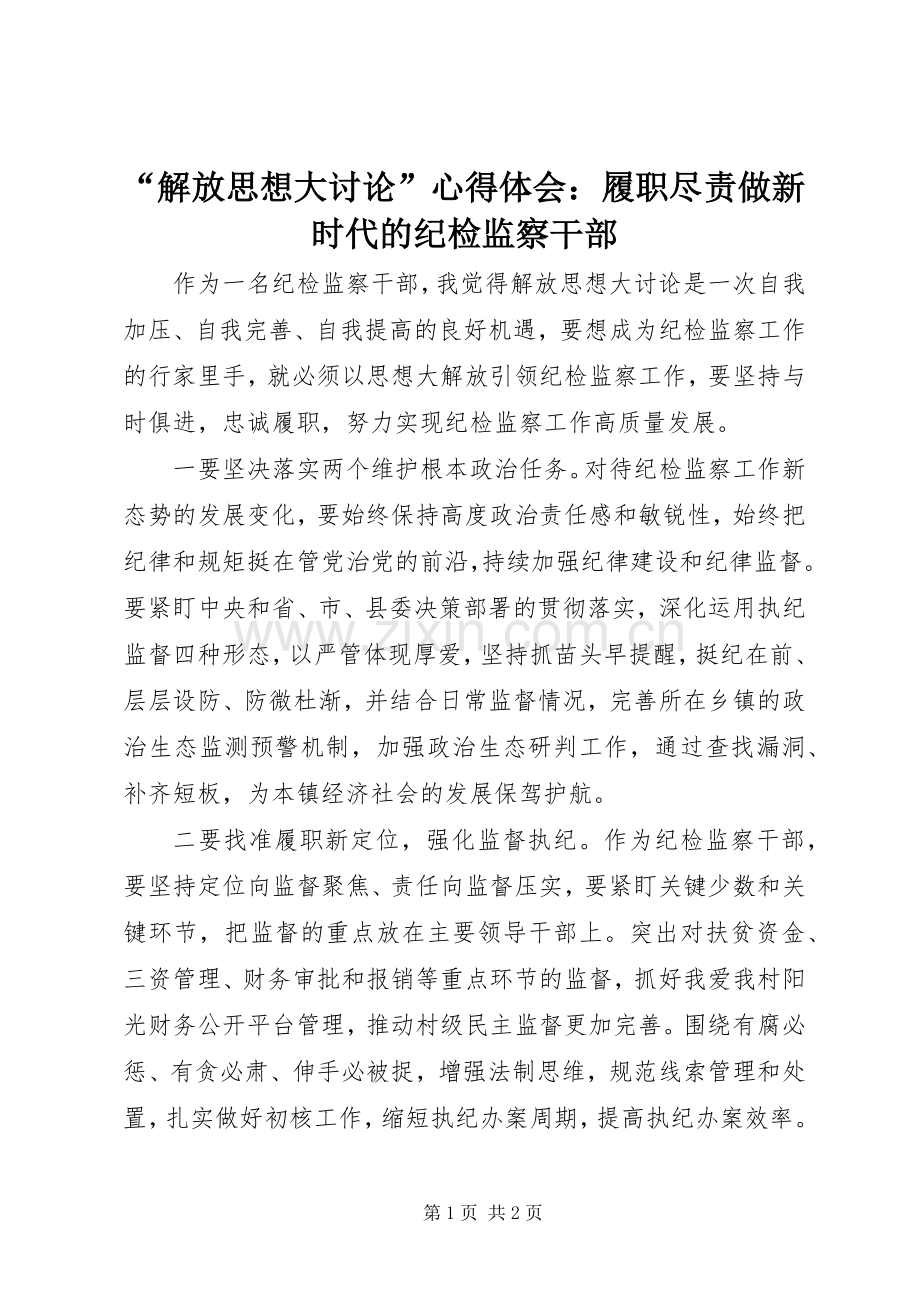 “解放思想大讨论”心得体会：履职尽责做新时代的纪检监察干部.docx_第1页