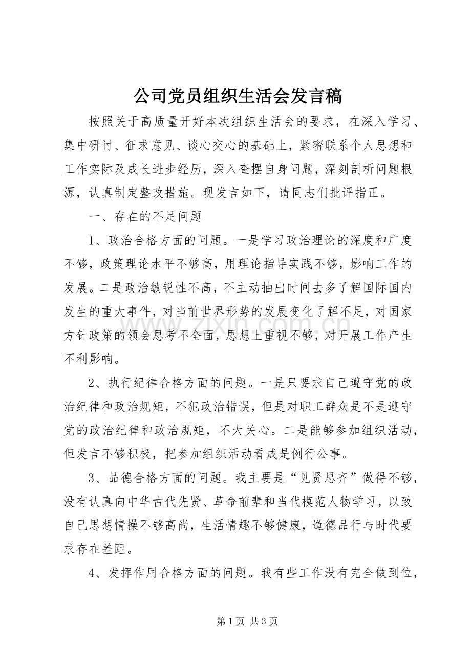 公司党员组织生活会发言稿.docx_第1页