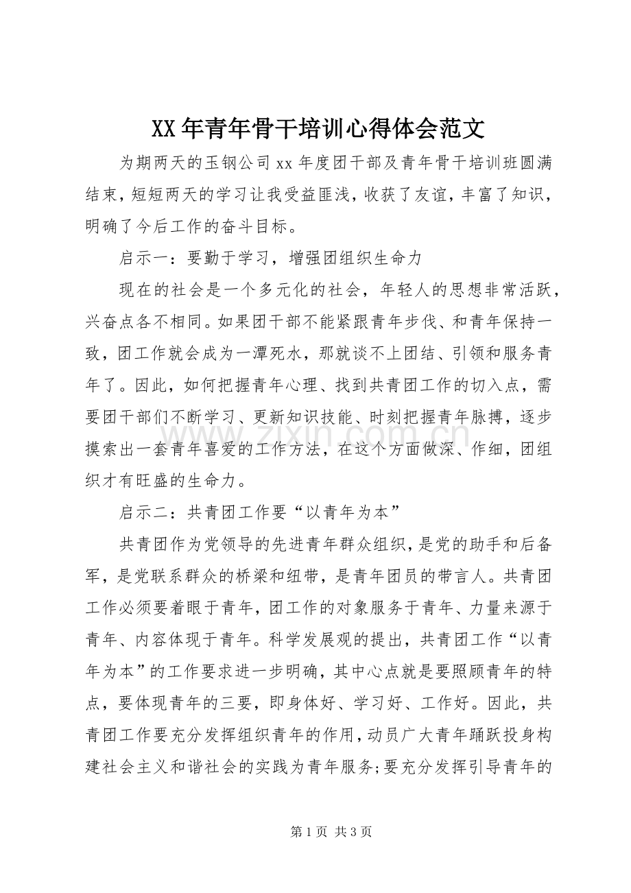 XX年青年骨干培训心得体会范文.docx_第1页