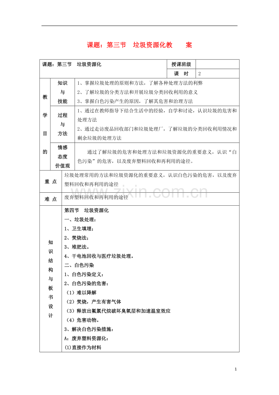 江苏省平潮高级中学高中化学集体备课-《第四章-保护生存环境》第三节-垃圾资源化教案-苏教版选修1.doc_第1页