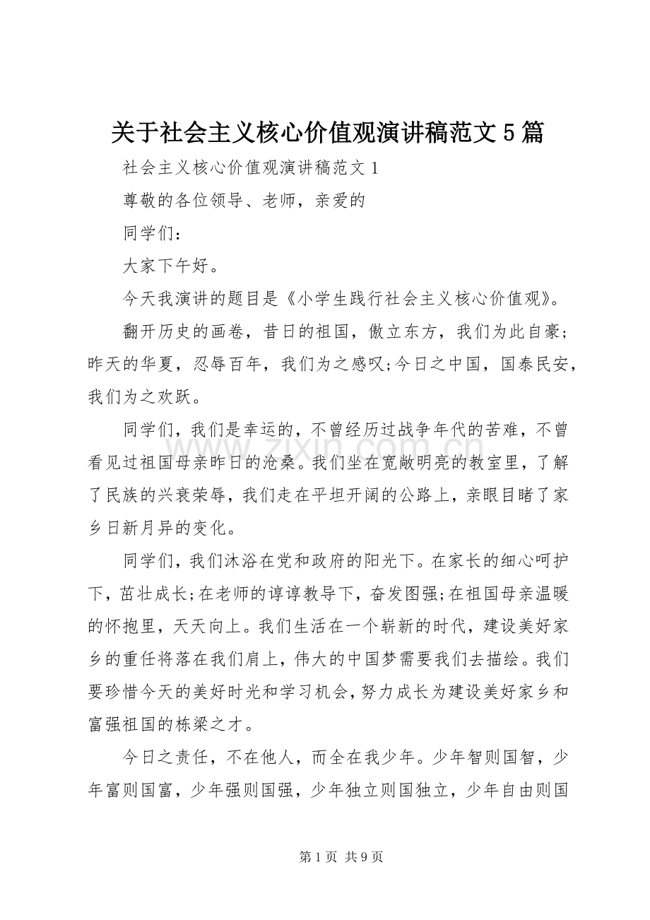 关于社会主义核心价值观演讲稿范文5篇.docx_第1页