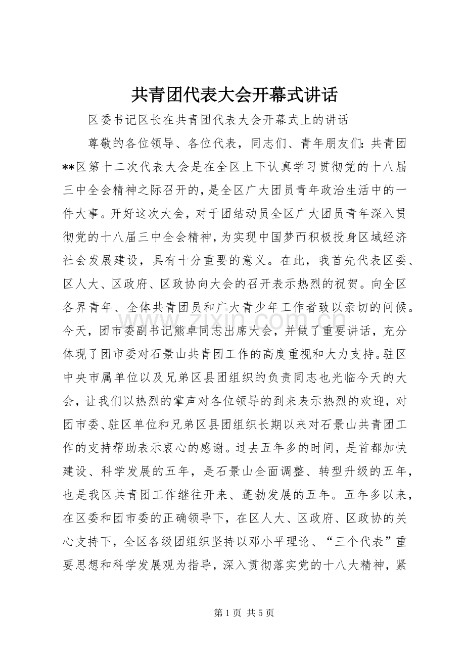 共青团代表大会开幕式讲话.docx_第1页