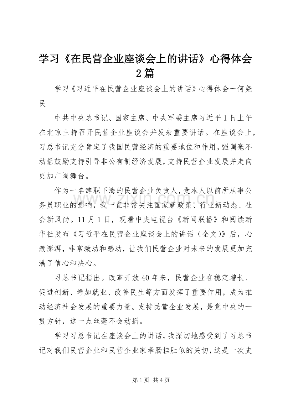 学习《在民营企业座谈会上的讲话》心得体会2篇.docx_第1页