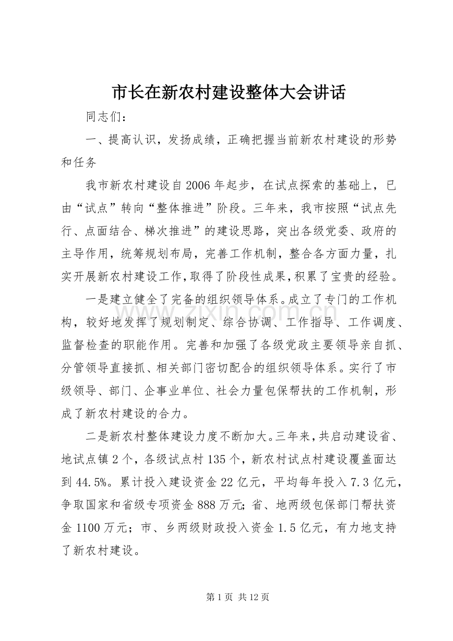 市长在新农村建设整体大会讲话.docx_第1页