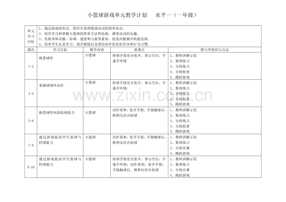 单元教学计划(小篮球游戏)6、7.doc_第1页