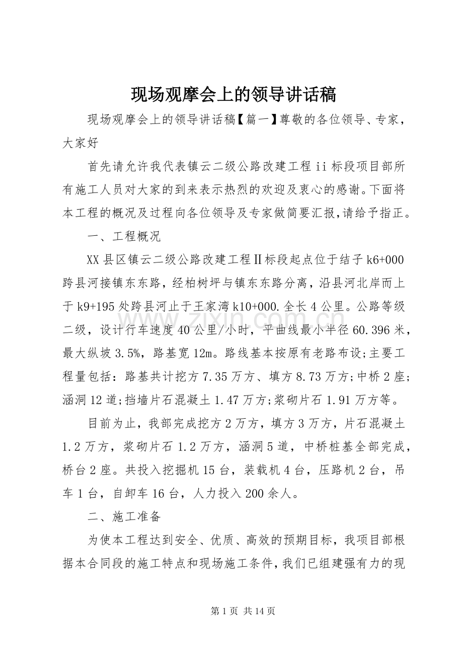 现场观摩会上的领导讲话稿.docx_第1页