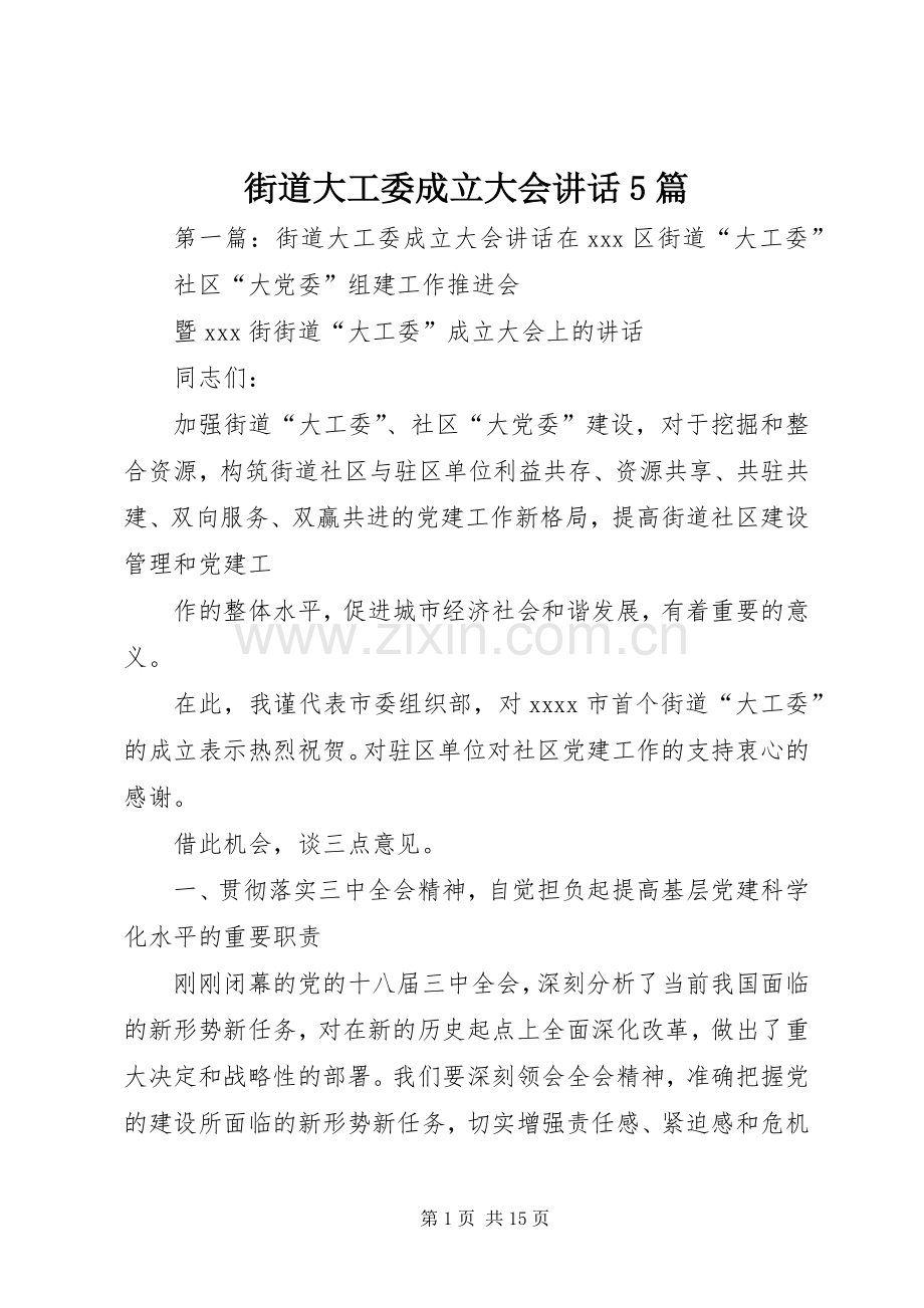 街道大工委成立大会讲话5篇.docx_第1页