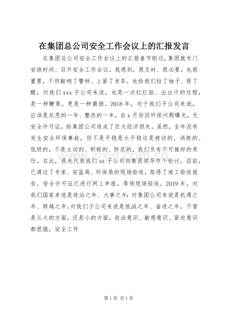 在集团总公司安全工作会议上的汇报发言.docx_第1页