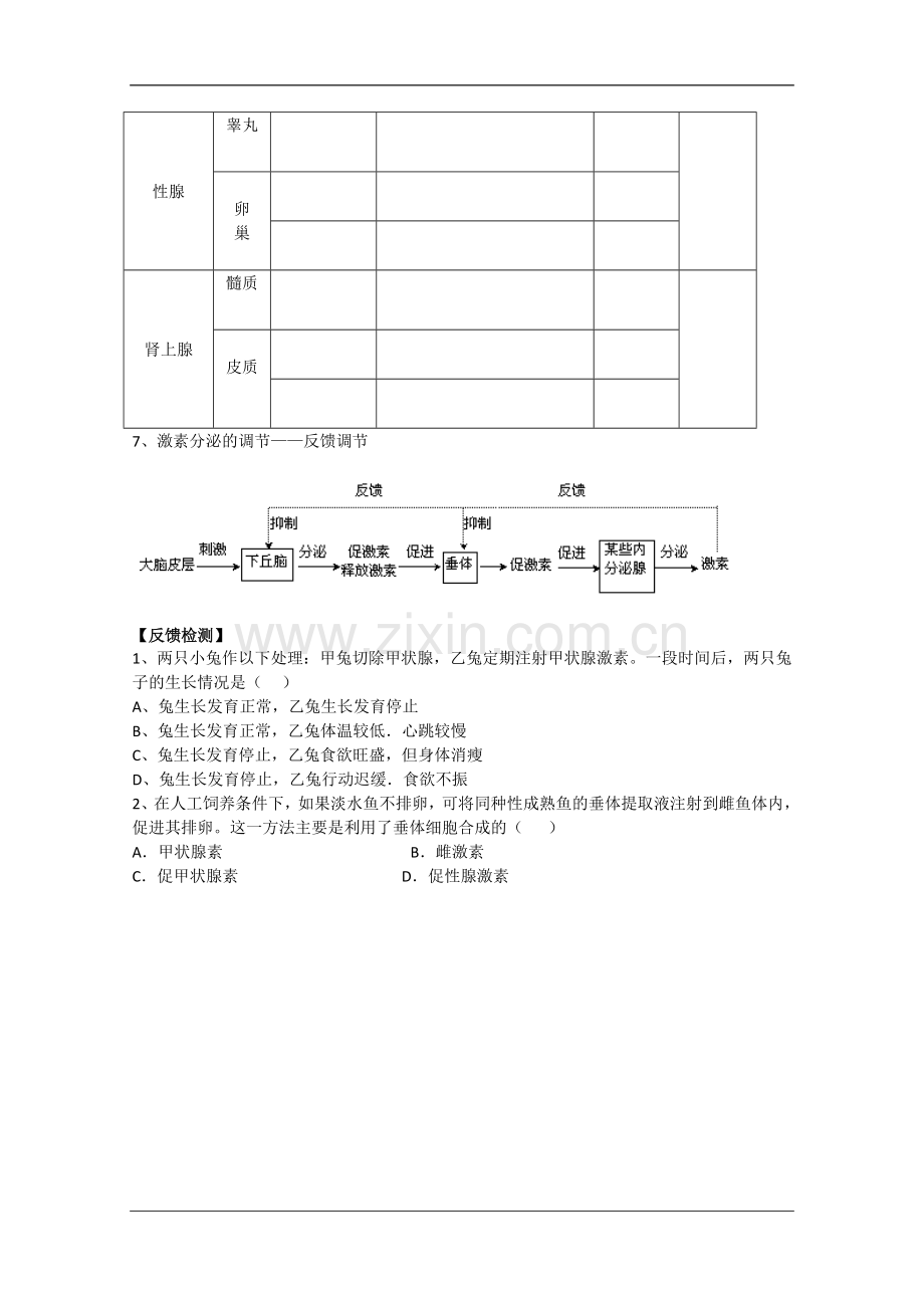 高中生物：2.3高等动物的内分泌系统与体液调节学案(1)(浙科版必修3).doc_第2页