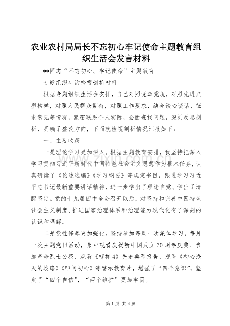 农业农村局局长不忘初心牢记使命主题教育组织生活会发言材料.docx_第1页