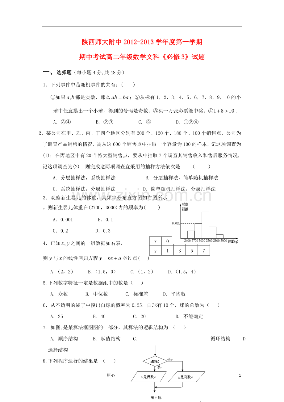 陕西省师大附中2012-2013学年高二数学上学期期中考试试题-文-新人教A版.doc_第1页