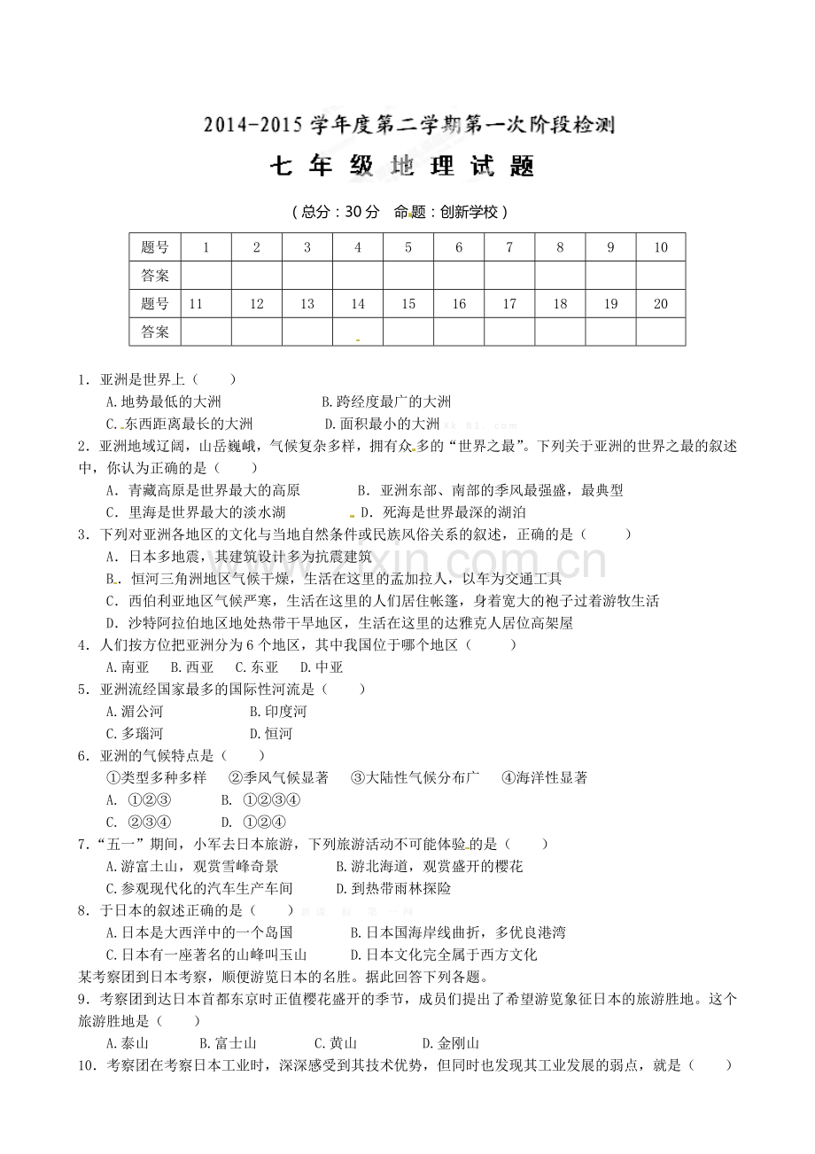 东台市2014-2015年第二学期七年级地理第一次月考试题及答案.doc_第1页