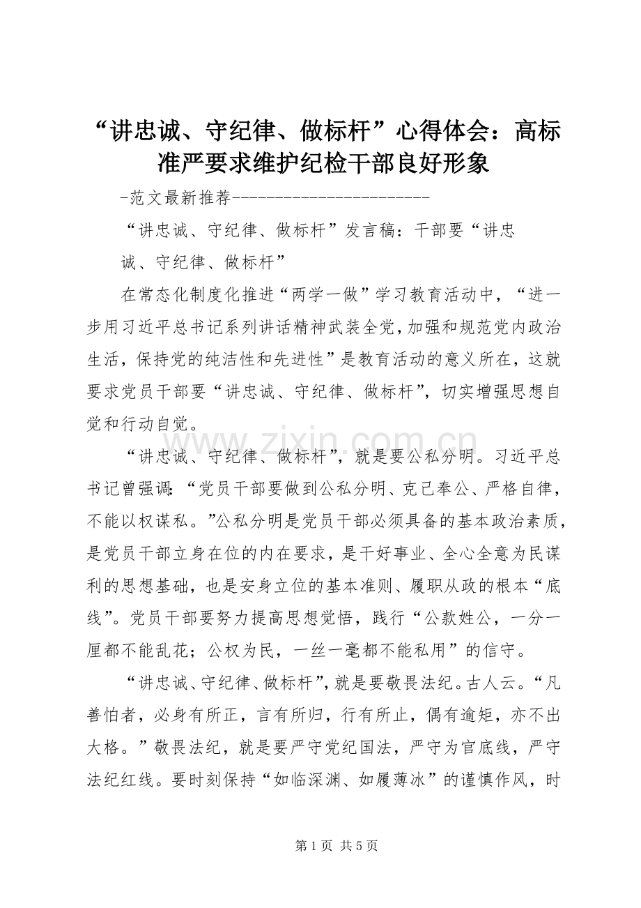 “讲忠诚、守纪律、做标杆”心得体会：高标准严要求维护纪检干部良好形象.docx_第1页