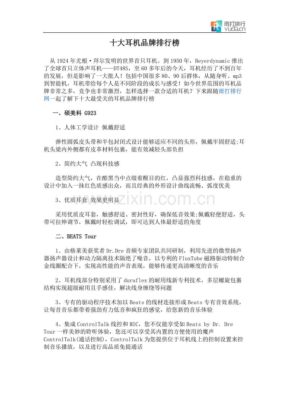 十大耳机品牌排行榜.docx_第1页