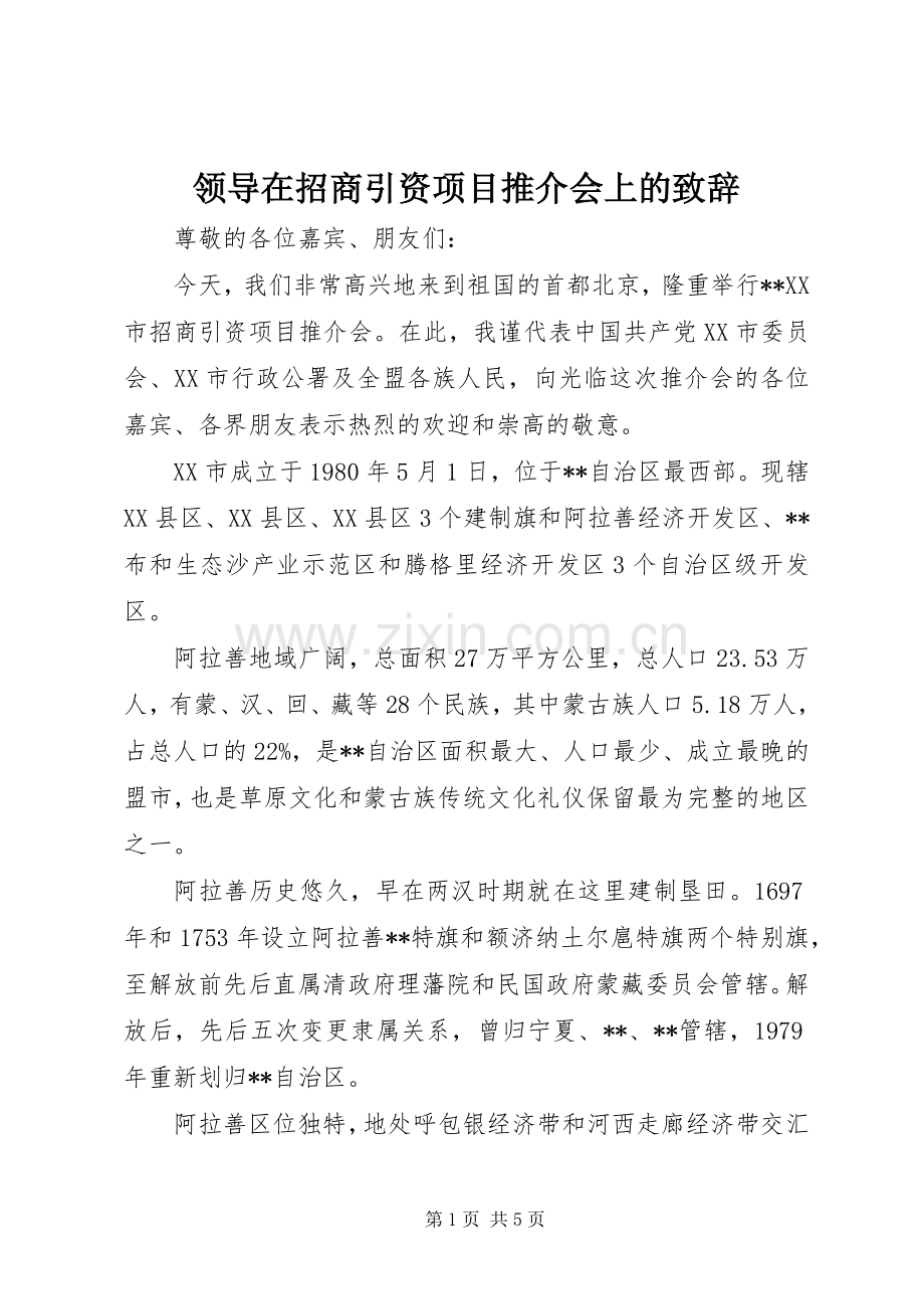 领导在招商引资项目推介会上的致辞.docx_第1页