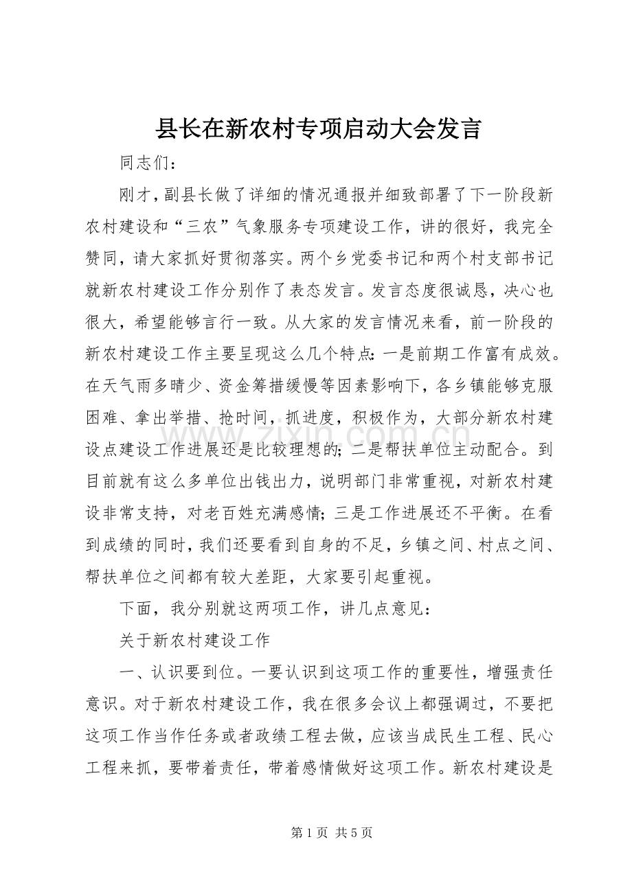 县长在新农村专项启动大会发言.docx_第1页