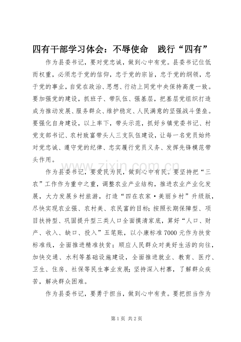 四有干部学习体会：不辱使命　践行“四有”.docx_第1页