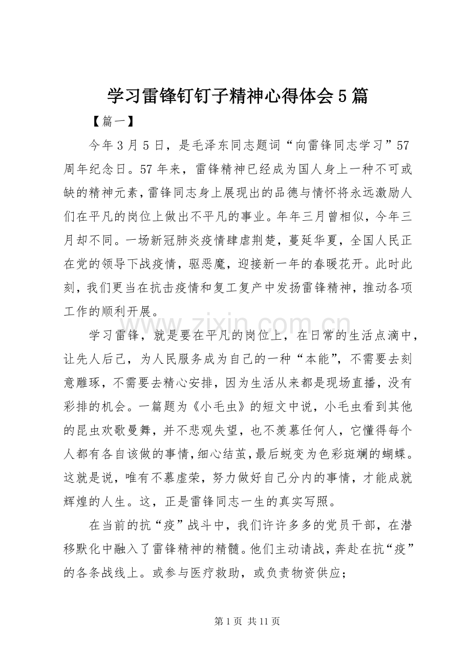 学习雷锋钉钉子精神心得体会5篇.docx_第1页