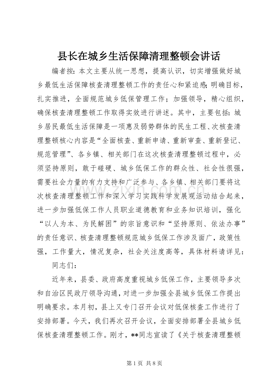 县长在城乡生活保障清理整顿会讲话.docx_第1页