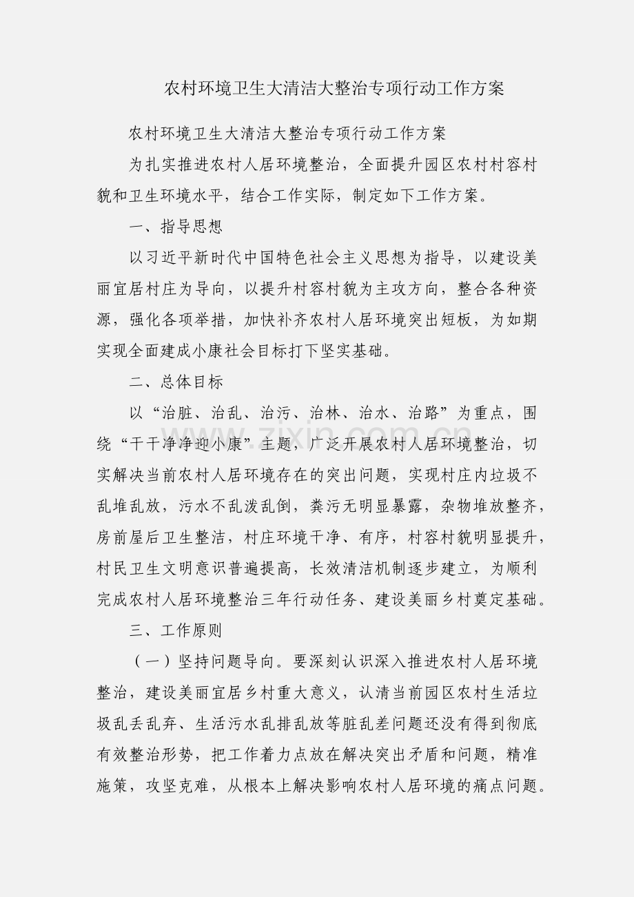 农村环境卫生大清洁大整治专项行动工作方案.docx_第1页