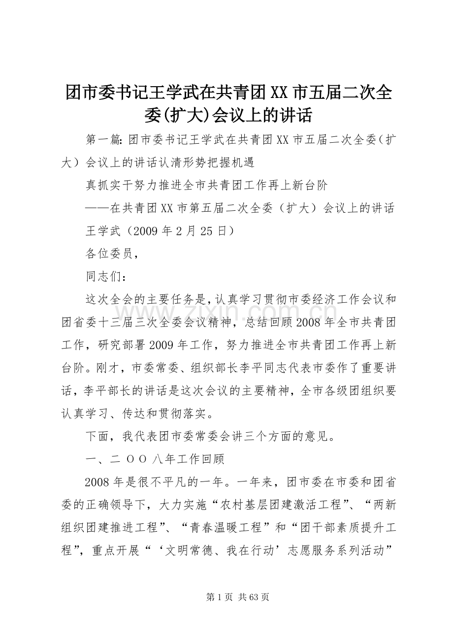 团市委书记王学武在共青团XX市五届二次全委(扩大)会议上的讲话.docx_第1页