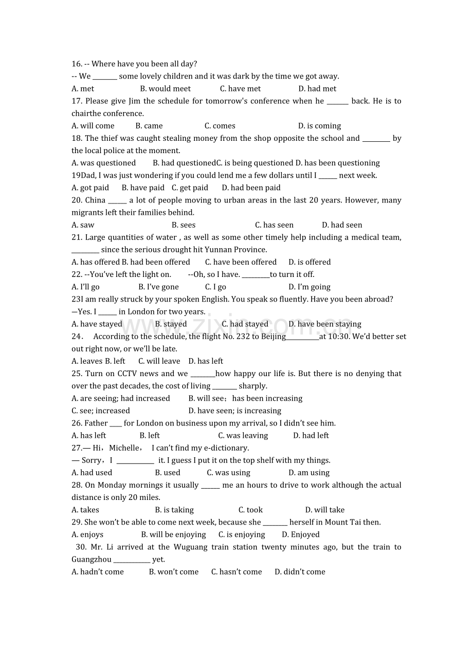 学生版复件2014年高考英语模拟新题分类汇编单项填空模块专题九+动词的时态与语态.doc_第2页