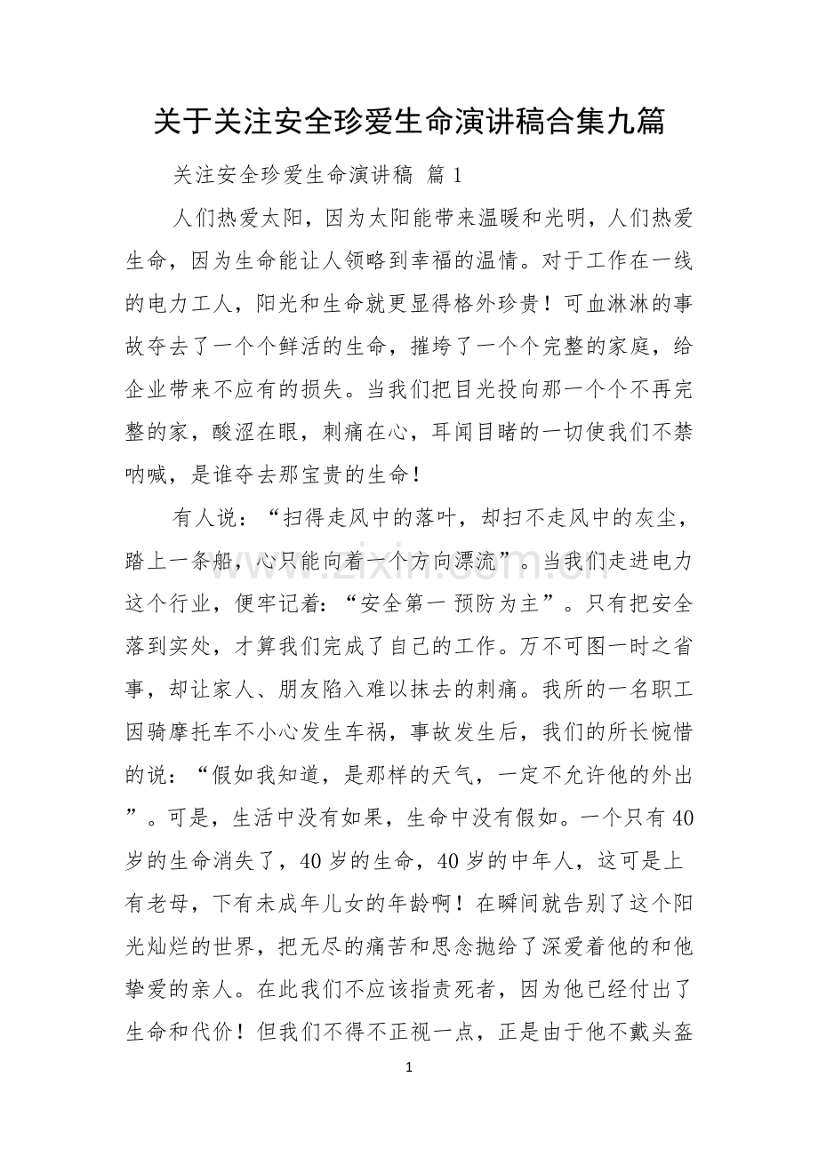 关于关注安全珍爱生命演讲稿合集九篇.docx_第1页