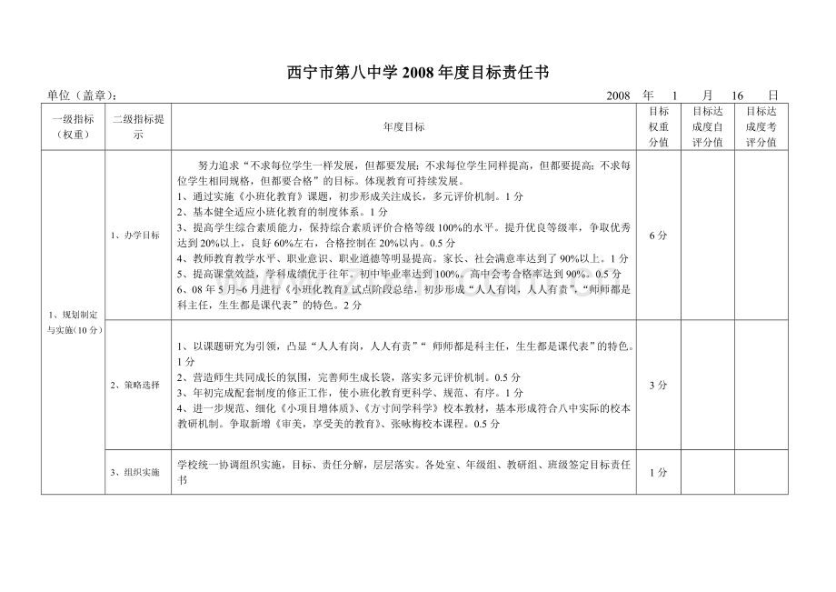 西宁市第八中学2008年度目标责任书.doc_第1页