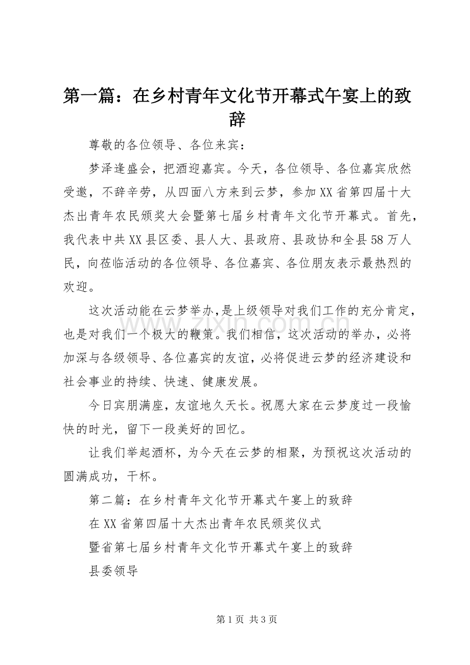 第一篇：在乡村青年文化节开幕式午宴上的致辞.docx_第1页