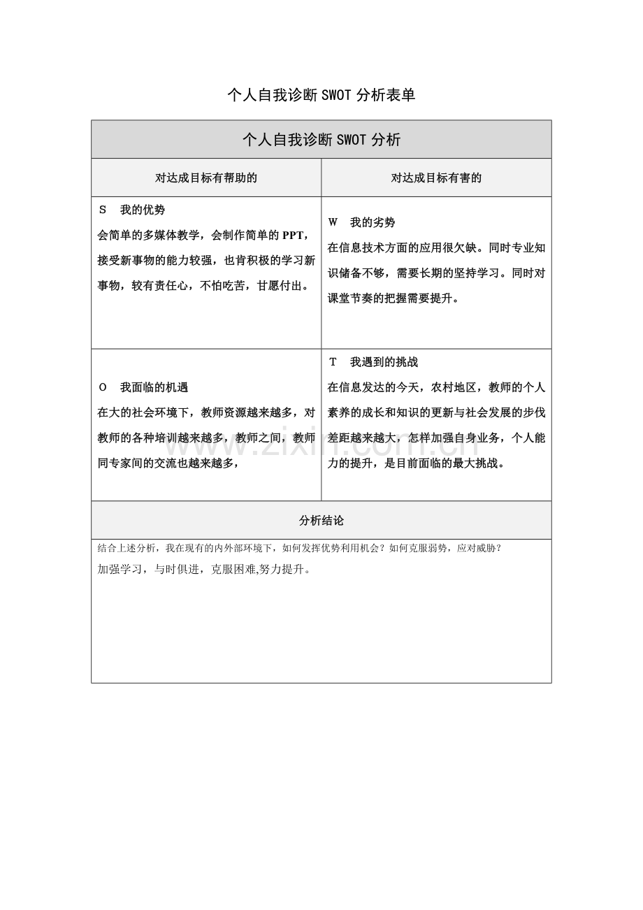 叶祥琴个人自我诊断SWOT分析表.doc_第1页