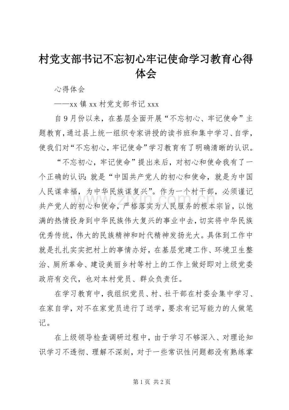 村党支部书记不忘初心牢记使命学习教育心得体会.docx_第1页