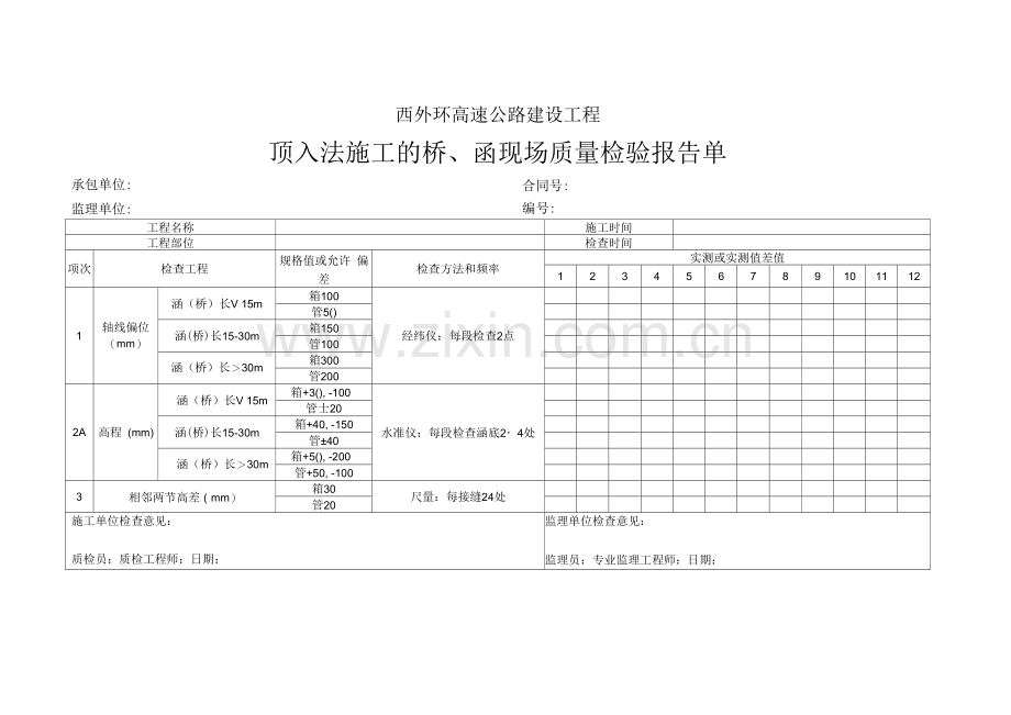 顶入法施工的桥、函现场质量检验报告单.docx_第1页