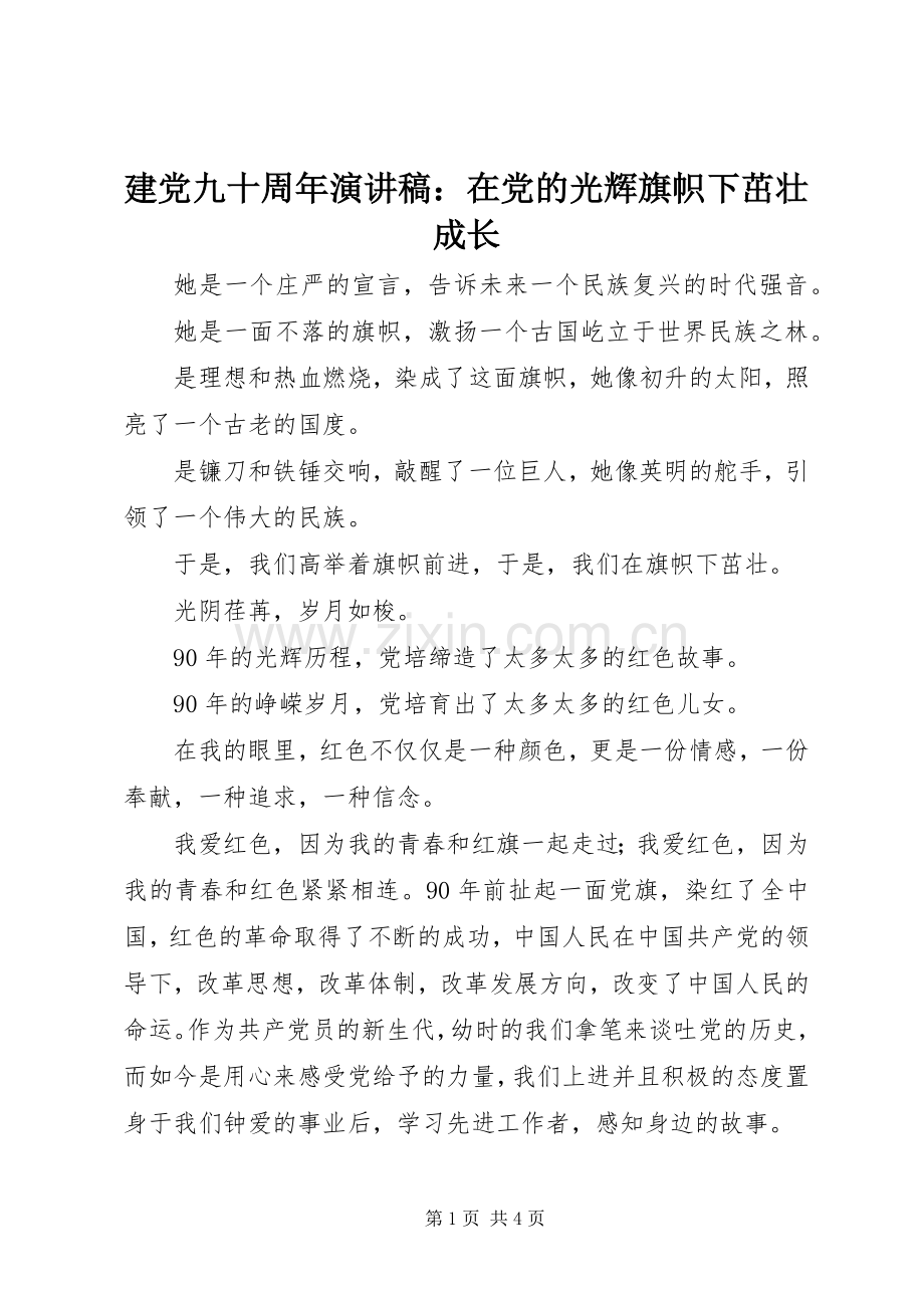 建党九十周年演讲稿：在党的光辉旗帜下茁壮成长.docx_第1页