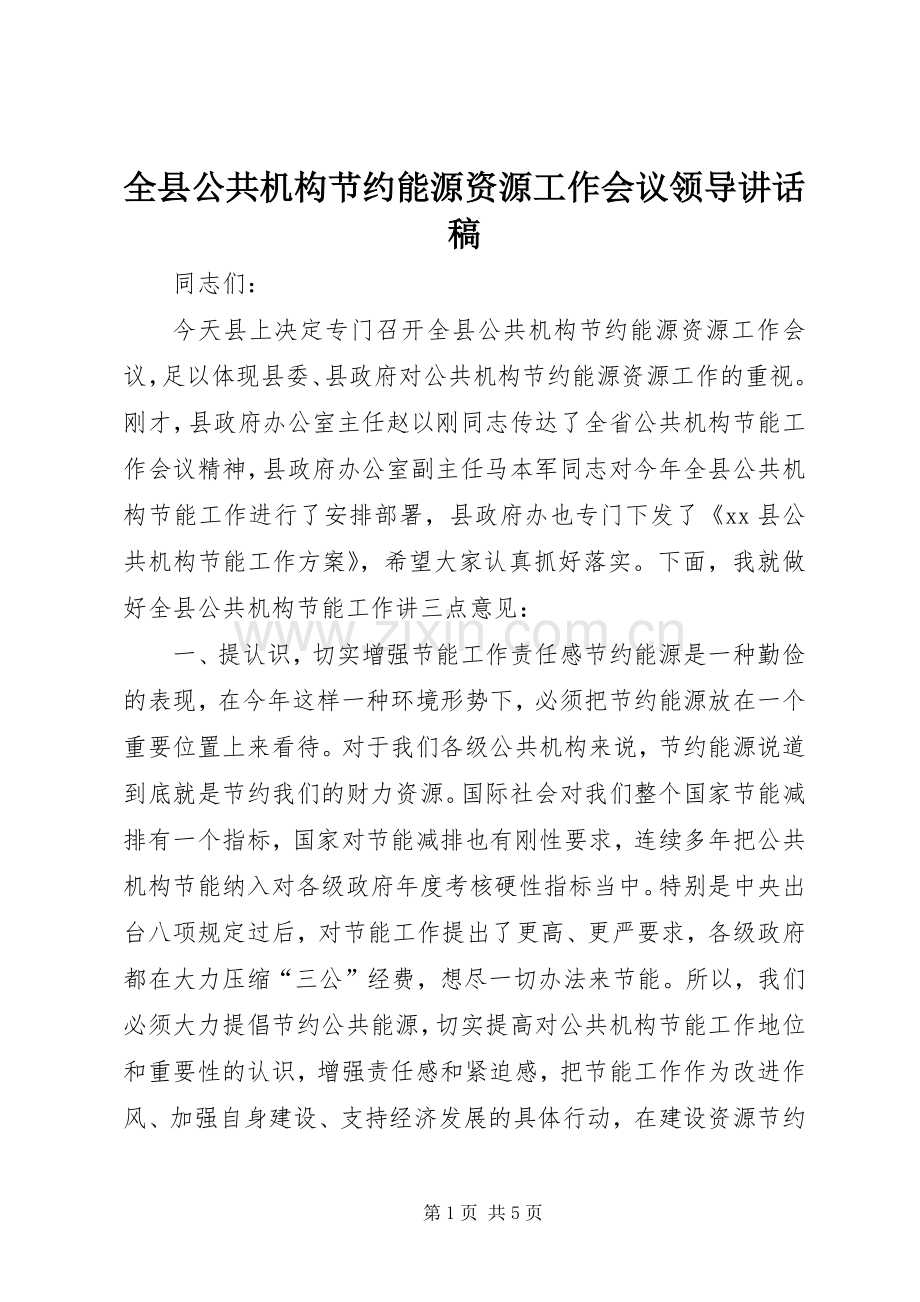 全县公共机构节约能源资源工作会议领导讲话稿.docx_第1页