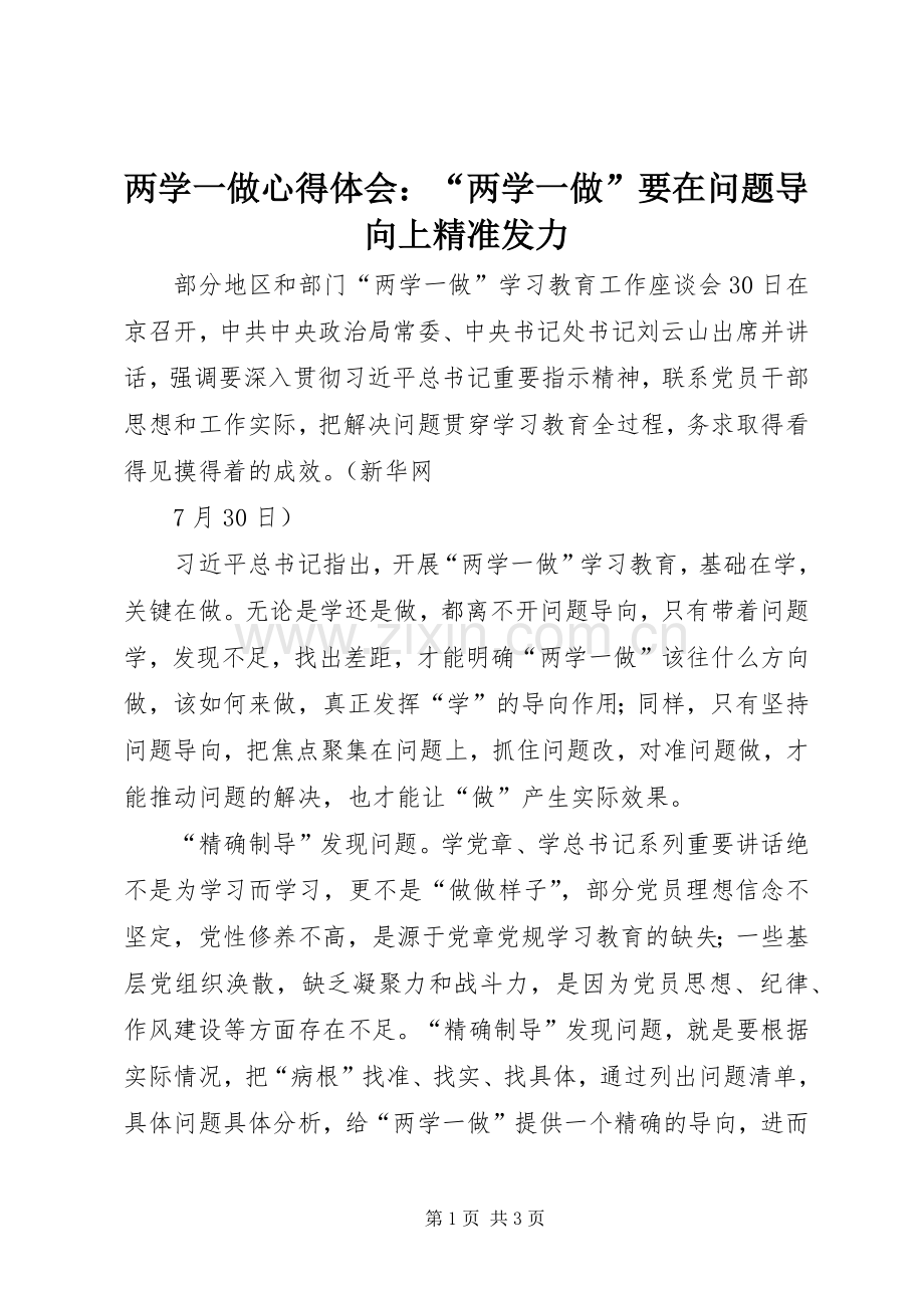 两学一做心得体会：“两学一做”要在问题导向上精准发力.docx_第1页