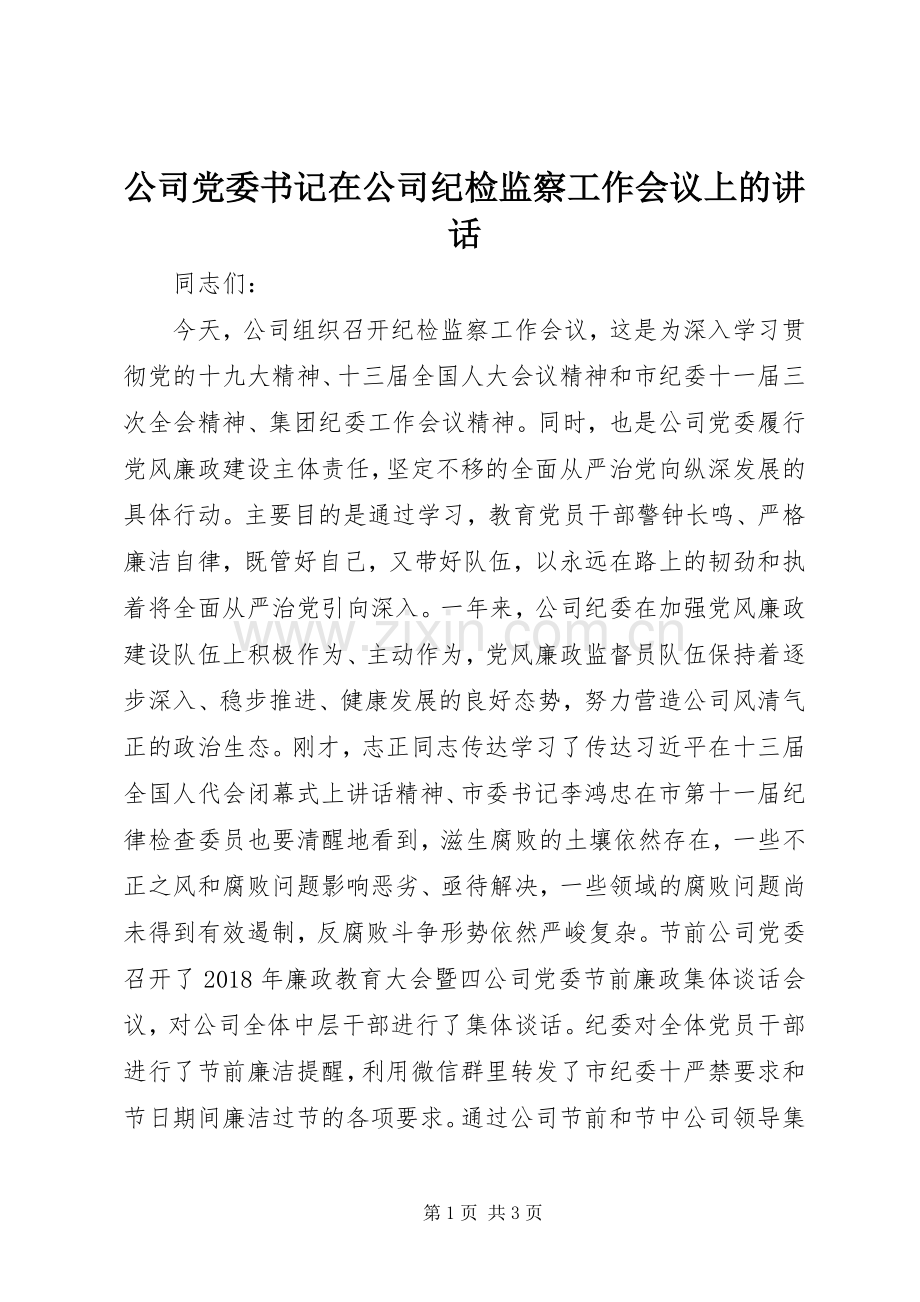 公司党委书记在公司纪检监察工作会议上的讲话.docx_第1页