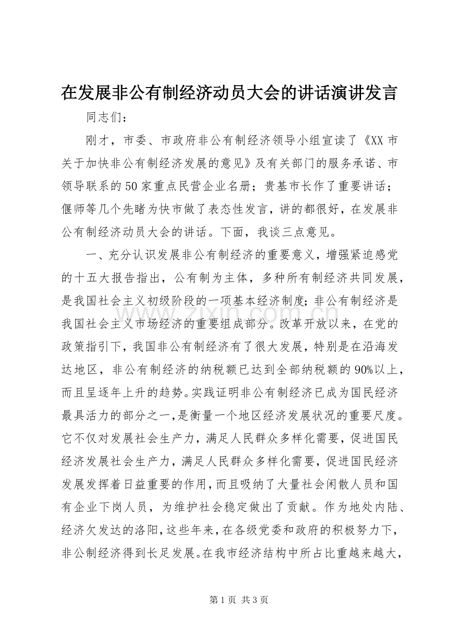 在发展非公有制经济动员大会的讲话演讲发言.docx_第1页