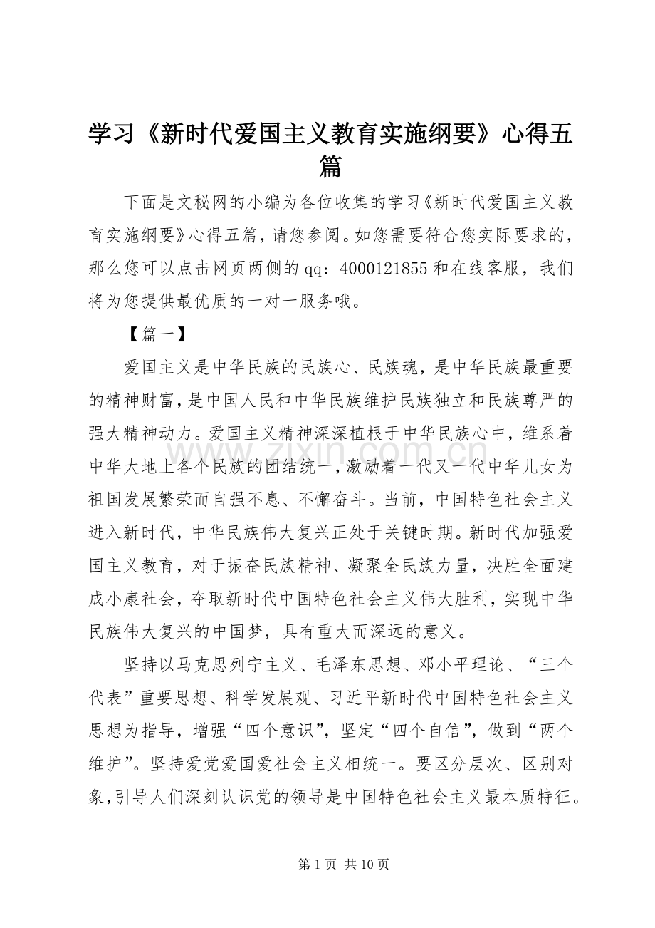 学习《新时代爱国主义教育实施纲要》心得五篇.docx_第1页