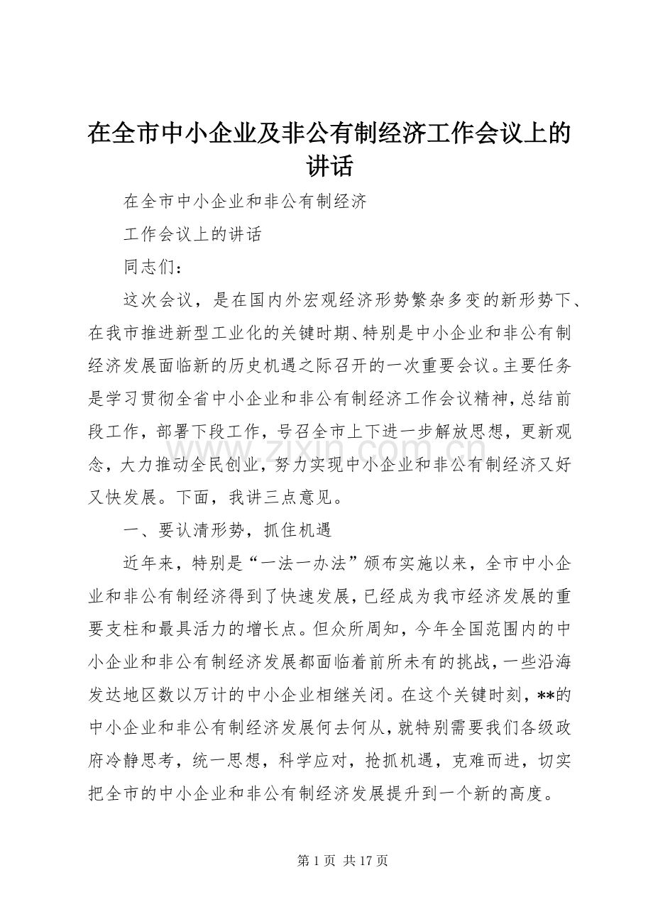 在全市中小企业及非公有制经济工作会议上的讲话.docx_第1页