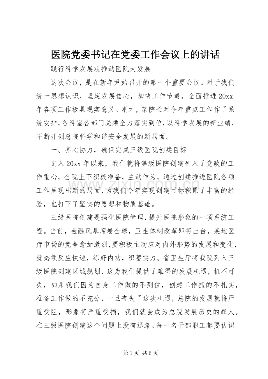 医院党委书记在党委工作会议上的讲话.docx_第1页