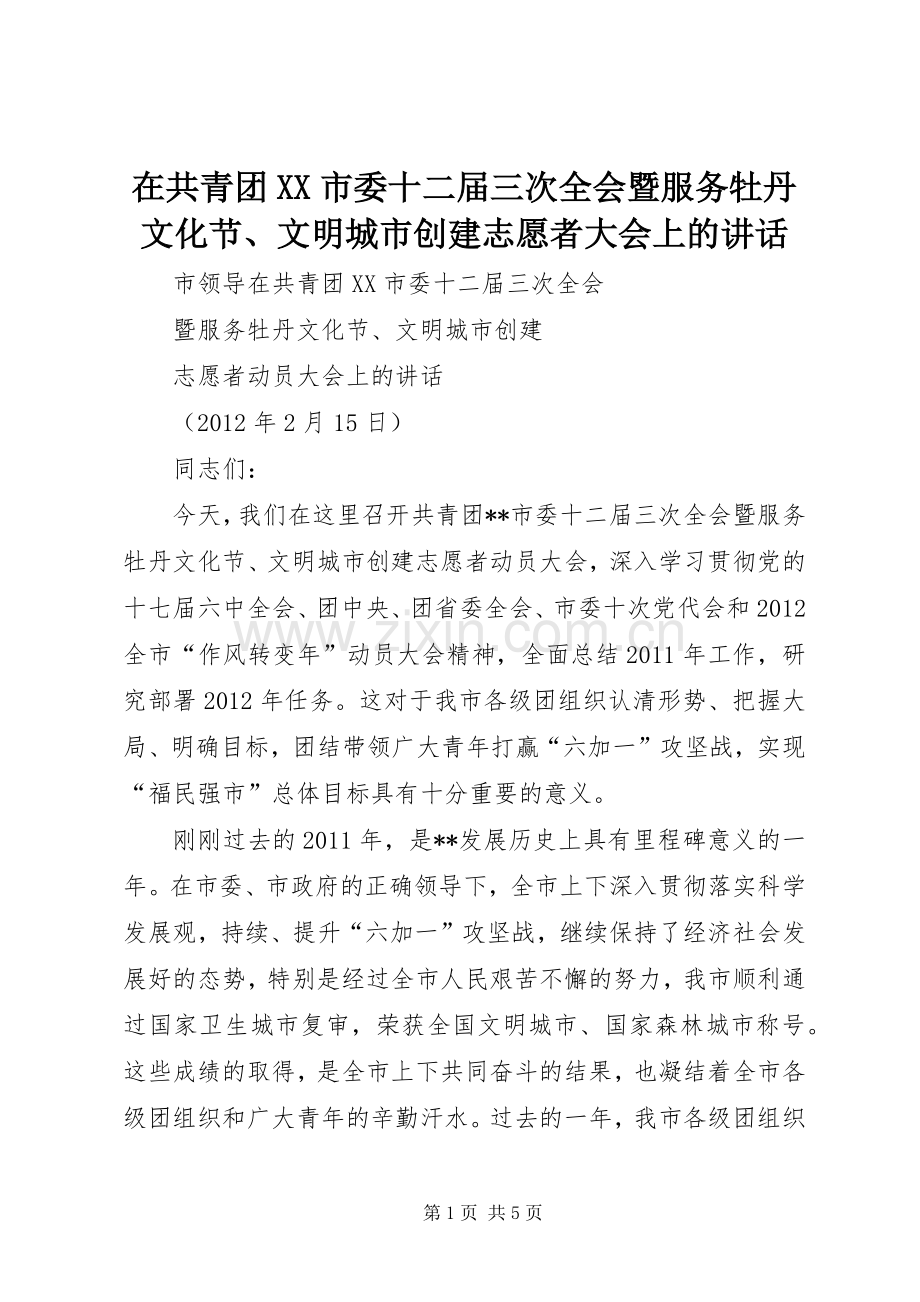 在共青团XX市委十二届三次全会暨服务牡丹文化节、文明城市创建志愿者大会上的讲话.docx_第1页