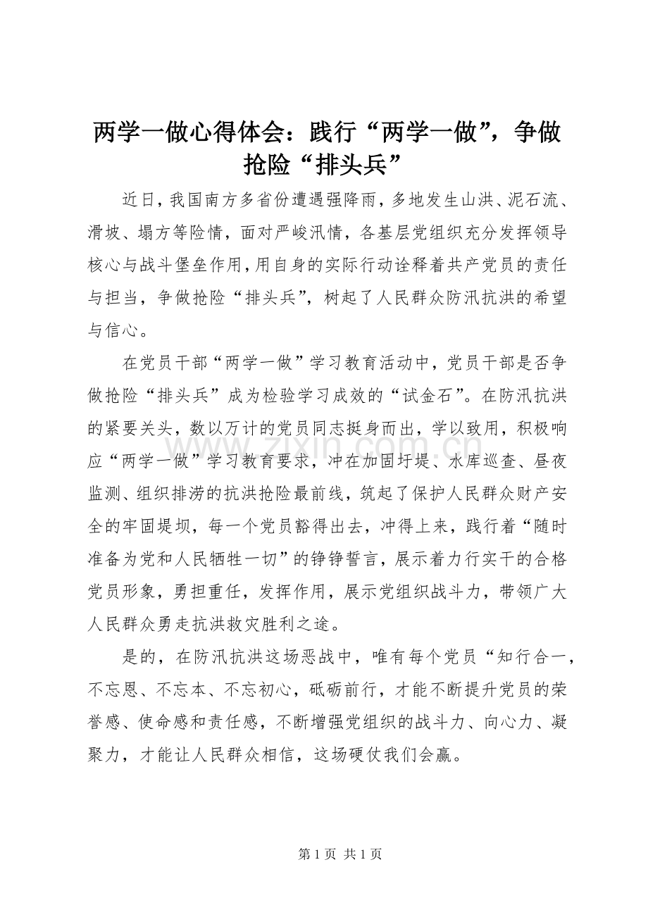 两学一做心得体会：践行“两学一做”争做抢险“排头兵”.docx_第1页