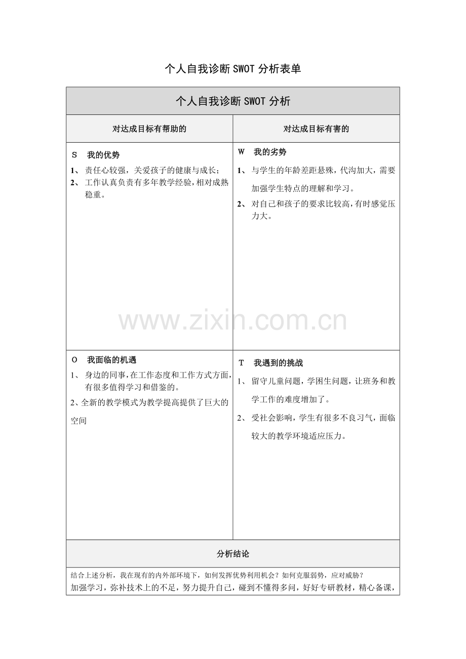 永州一班陈小亮：个人自我诊断SWOT分析表.doc_第1页